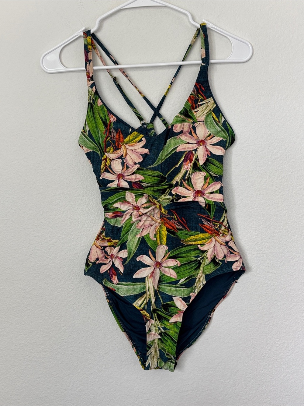Floral Crisscross One-Piece Swimsuit Dark Turquoise with Pink Tropical Flowers